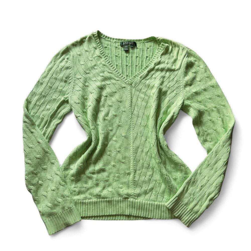 RALPH LAUREN Vintage Silk Green Cable Knit V Neck Preppy Luxury Sweater Size L - Picture 3 of 8
